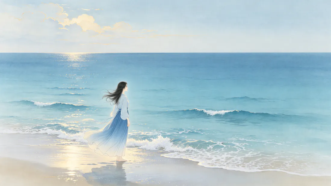 3k壁纸｜海滩蓝裙少女看海背景图片 - 海边治愈风景「哲风壁纸」