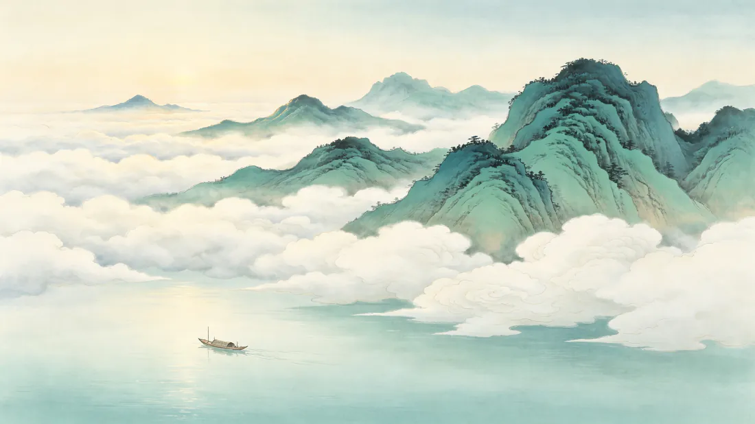 3k壁纸｜水墨青绿山水云海孤舟背景图片 - 国风意境插画「哲风壁纸」