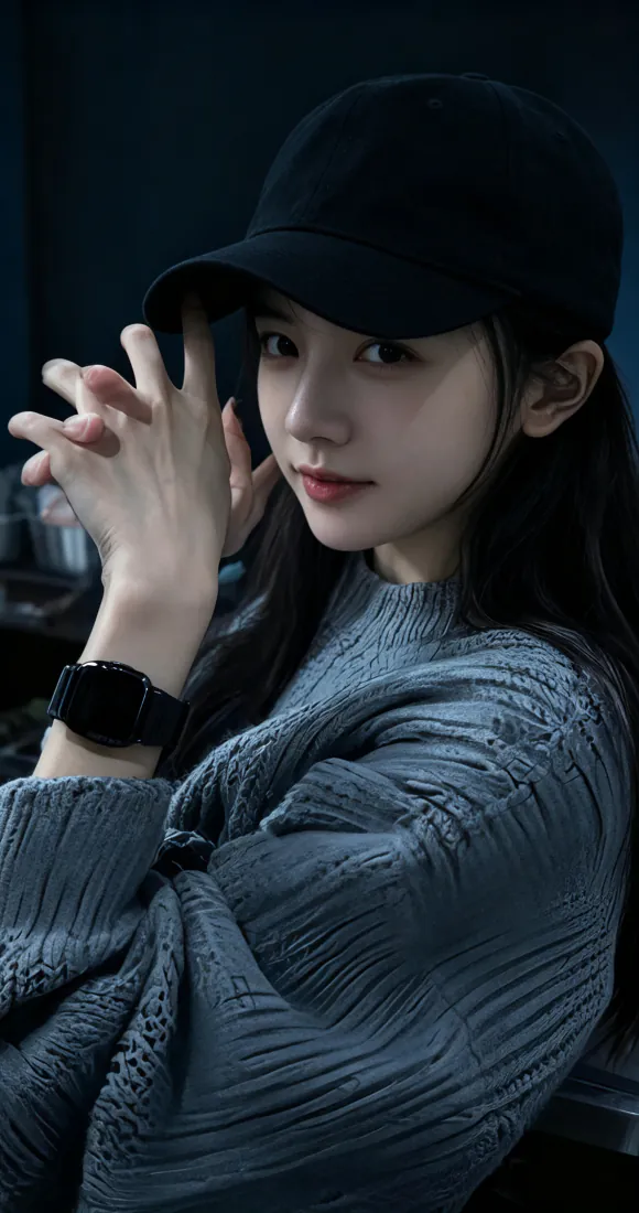 戴黑帽冷感女生手机壁纸|暗调氛围感背景图片 - 灰蓝针织毛衣人像「哲风壁纸」 戴黑帽冷感女生手机壁纸|暗调氛围感背景图片 - 灰蓝针织毛衣人像「哲风壁纸」