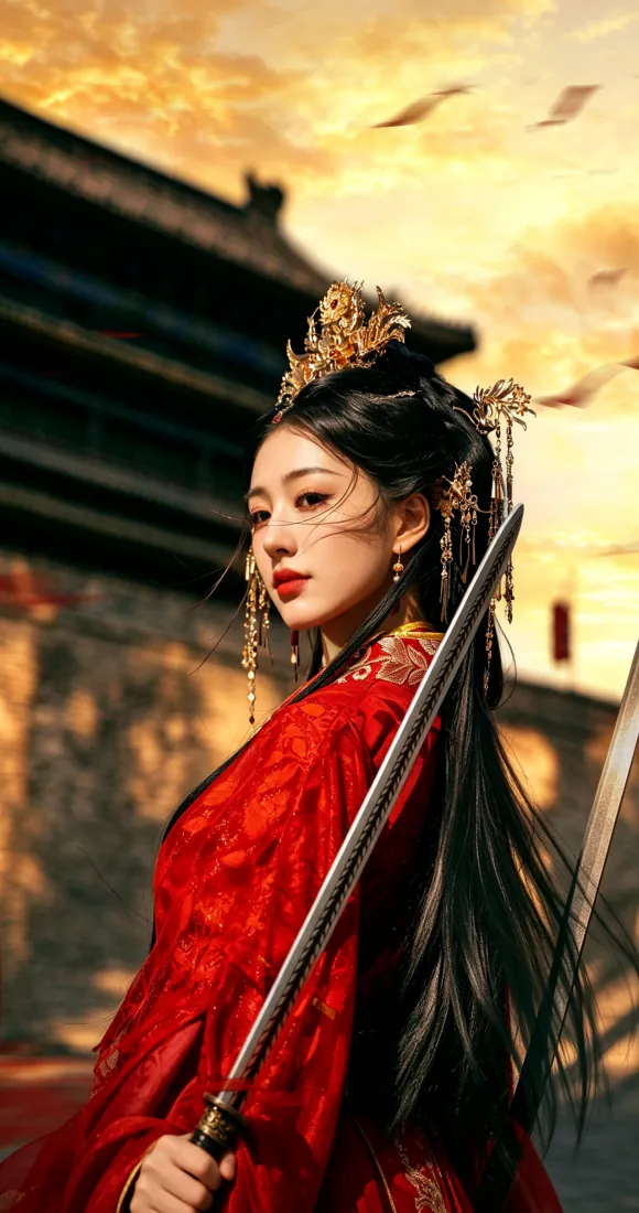红衣古风侠女手机壁纸｜黄昏古建筑背景图片 - 持剑飒爽氛围感写真「哲风壁纸」