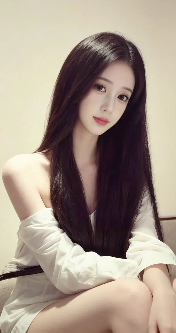 黑长直露肩美女手机壁纸｜暖调室内人像背景图片 - 温柔气质写真「哲风壁纸」