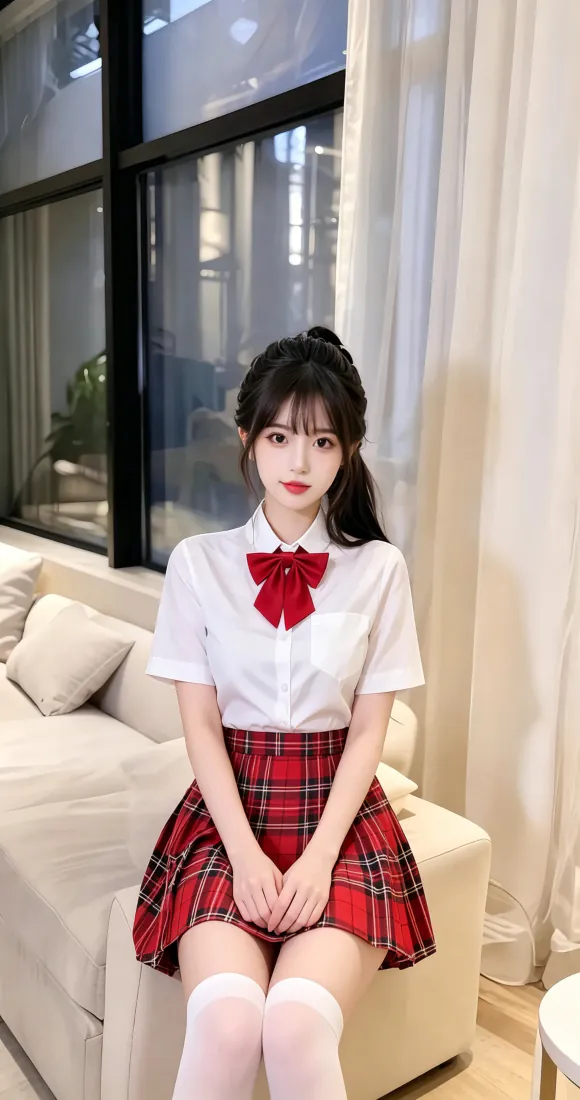 JK制服齐刘海甜妹手机壁纸|居家沙发背景图片 - 白过膝袜红格裙写真「哲风壁纸」 JK制服齐刘海甜妹手机壁纸|居家沙发背景图片 - 白过膝袜红格裙写真「哲风壁纸」