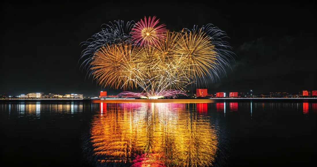 3k湖面绚烂烟花夜景壁纸｜水面倒影背景图片 - 沿岸城市璀璨灯火「哲风壁纸」