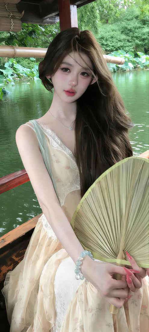 清纯长发美女手机壁纸｜江南水乡游船背景图片 - 浅黄柔纱裙持蒲扇「哲风壁纸」