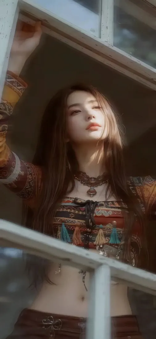 长发美女手机壁纸｜阳台暖光氛围感背景图片 - 民族风露腰穿搭「哲风壁纸」