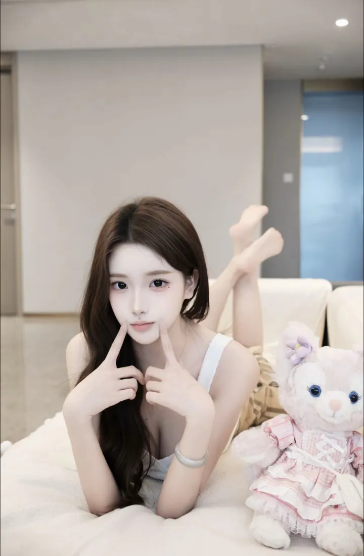 长发美女手机壁纸｜居家卧室背景图片 - 白色吊带玲娜贝儿毛绒写真「哲风壁纸」