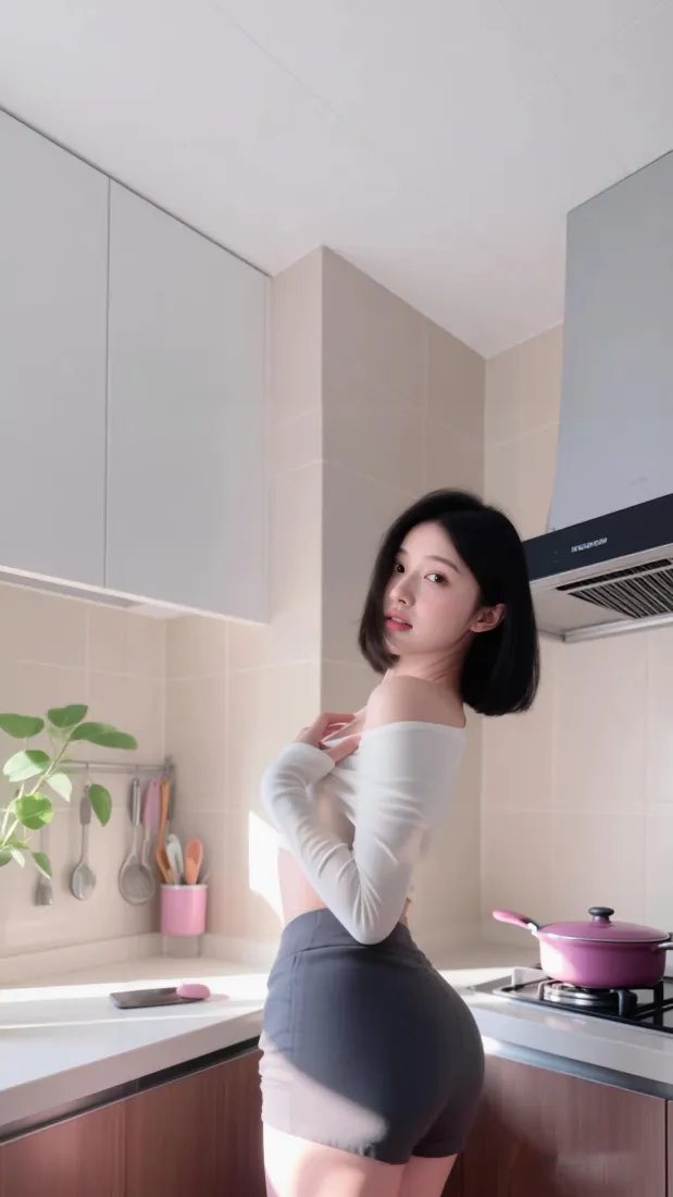 短发居家美女手机壁纸｜明亮厨房背景图片 - 露肩紧身回头性感姿态「哲风壁纸」