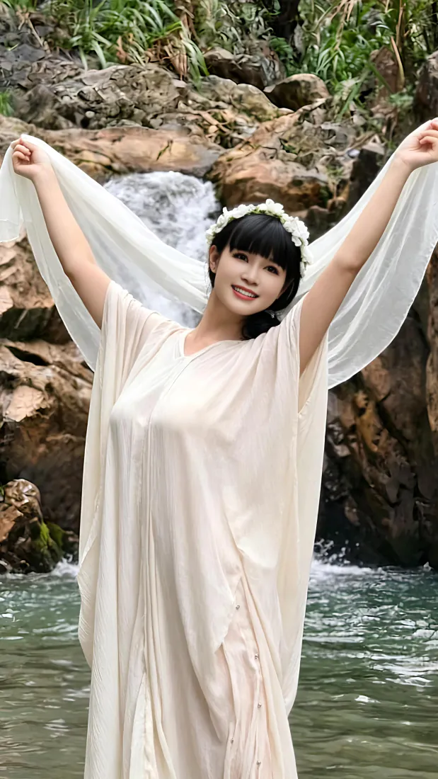 溪边白衣花环少女手机壁纸｜清新自然户外背景图片 - 山间瀑布写真「哲风壁纸」
