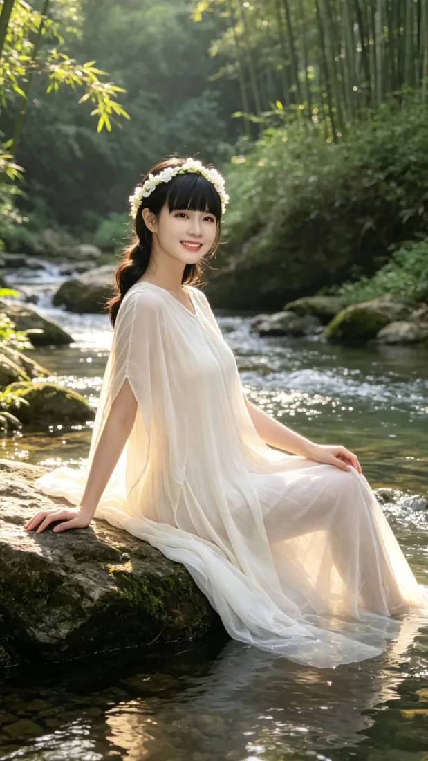 林间溪畔白衣花环美女手机壁纸｜森系清新背景图片 - 氛围感写真「哲风壁纸」