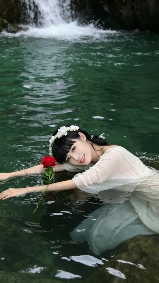 溪边白衣花环少女手机壁纸｜碧绿溪水瀑布背景图片 - 清新写真人像「哲风壁纸」