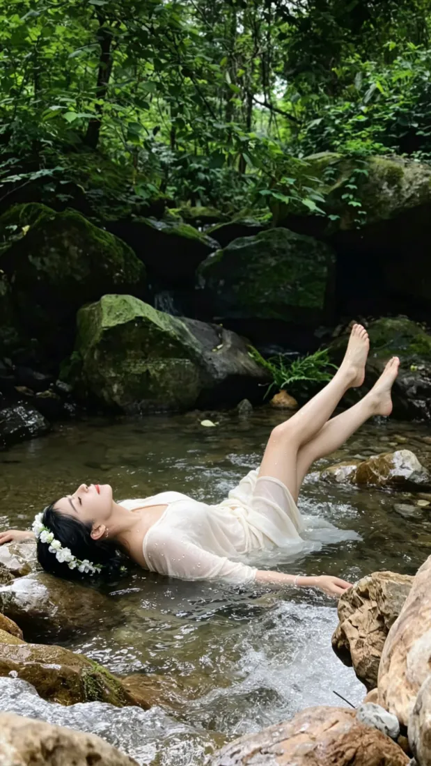 林间溪涧白衣花环美女手机壁纸｜森系清新背景图片 - 赤脚躺卧溪中「哲风壁纸」