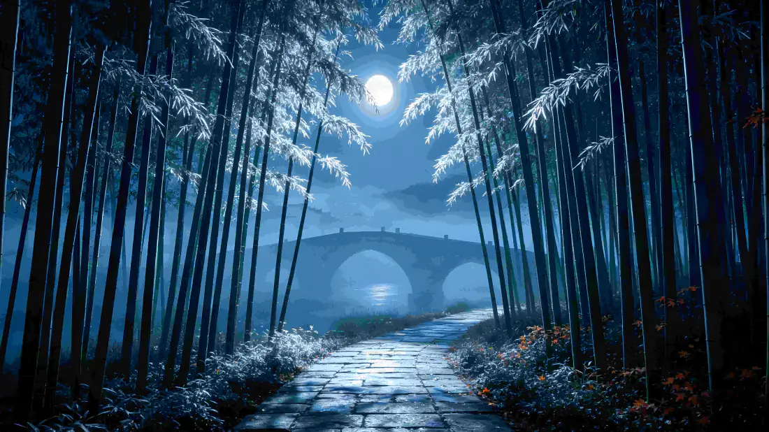 4k月夜竹林壁纸｜林间青石板路石拱桥背景图片 - 雾中清辉「哲风壁纸」