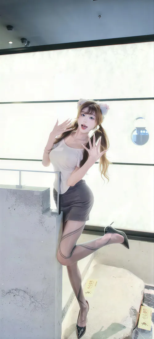 猫耳双马尾性感美女手机壁纸｜明亮现代室内背景图片 - 黑丝包臀裙「哲风壁纸」