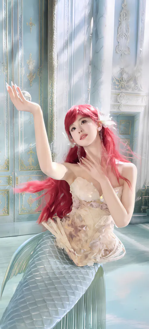 陈都灵红发美人鱼造型手机壁纸｜清透浅蓝背景图片 - 氛围感写真「哲风壁纸」