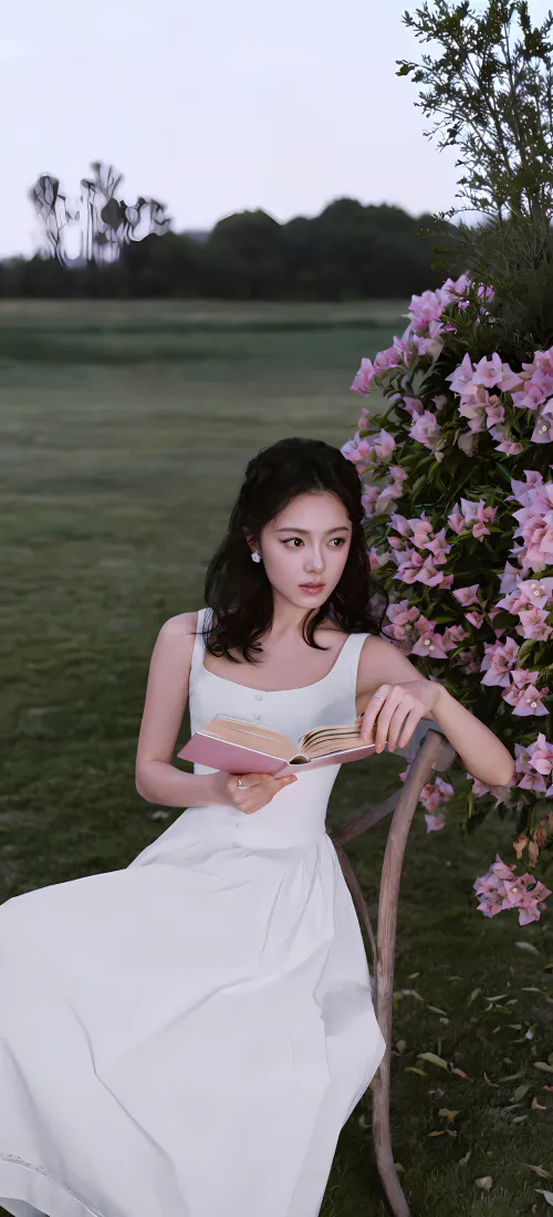 赵今麦手机壁纸｜白裙三角梅草坪背景图片 - 暮色清甜氛围感写真「哲风壁纸」