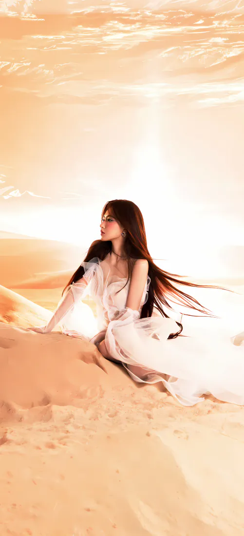 程潇手机壁纸｜橘调大漠白纱背景图片 - 长发飞扬氛围感神女造型「哲风壁纸」