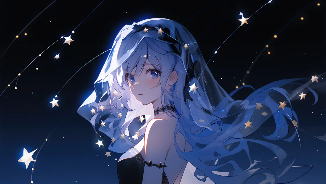 4k蓝发星空二次元少女壁纸｜深蓝夜空背景图片 - 星轨回眸少女「哲风壁纸」