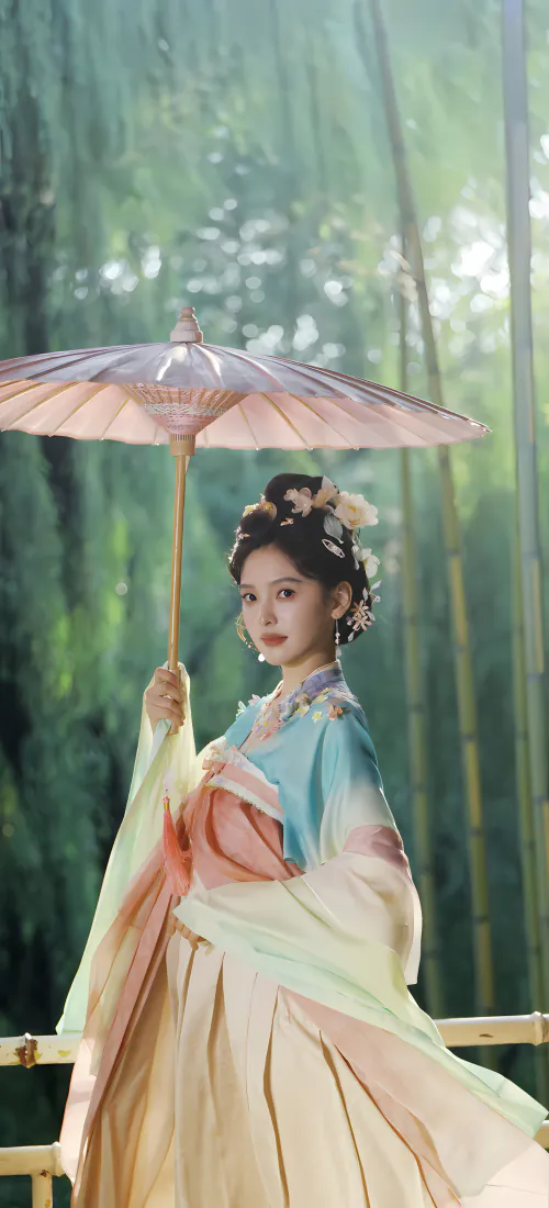 章若楠手机壁纸｜竹林古风渐变汉服背景图片 - 撑粉油纸伞温婉写真「哲风壁纸」
