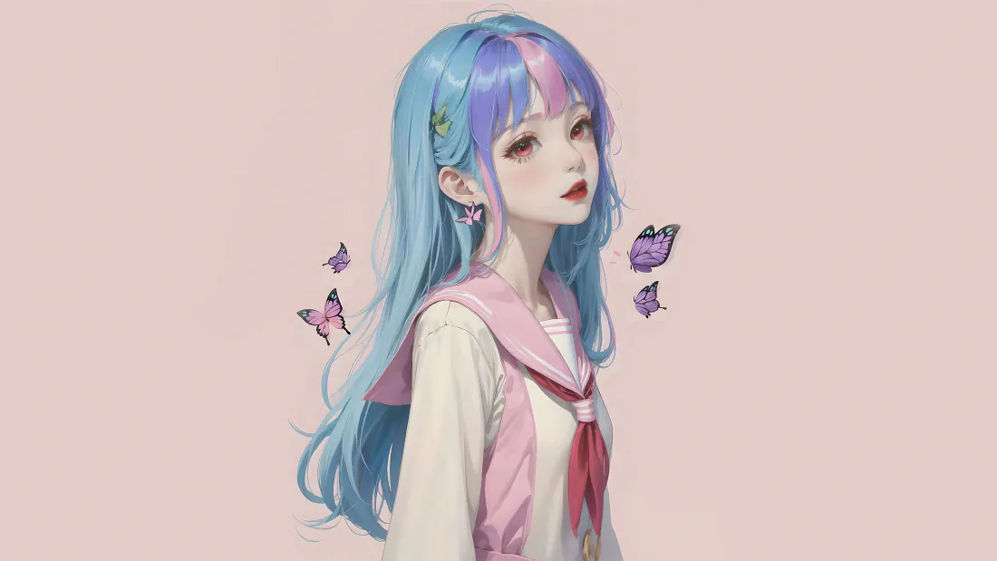 4k蓝紫渐变长发二次元少女壁纸｜粉白水手服紫蝶背景图片 - 柔粉「哲风壁纸」