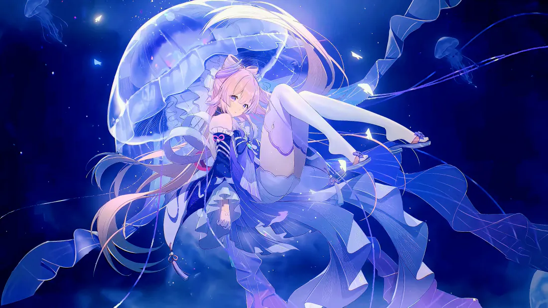 4k粉发水母二次元少女壁纸｜幽蓝深海背景图片 - 梦幻漂浮星光「哲风壁纸」