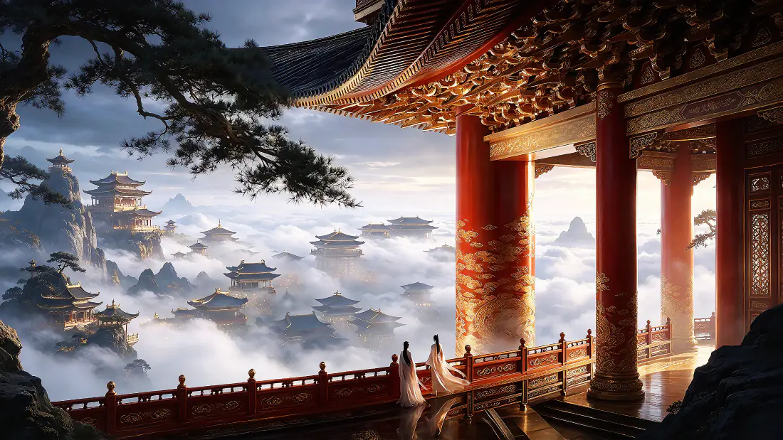 3k国风仙山古建壁纸｜云海缭绕远山楼阁背景图片 - 苍松飞檐朱柱「哲风壁纸」