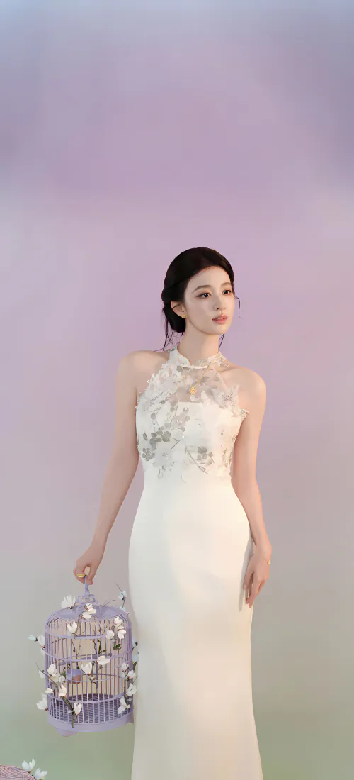 王楚然手机壁纸｜淡紫柔光渐变背景图片 - 白裙盘发持水晶鸟笼写真「哲风壁纸」