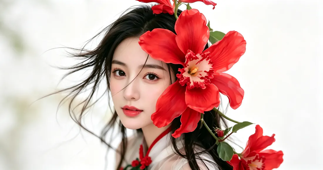 3k头戴红花的国风黑发美女壁纸｜纯白背景图片 - 清冷风人像写真「哲风壁纸」