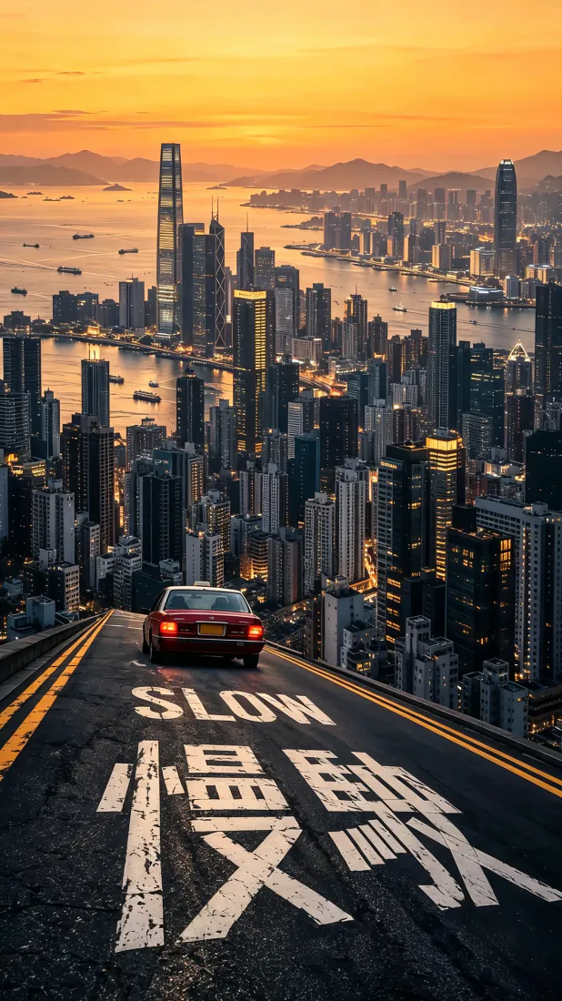 香港维港日落手机壁纸｜悬空下坡公路背景图片 - 红色出租车晚霞「哲风壁纸」