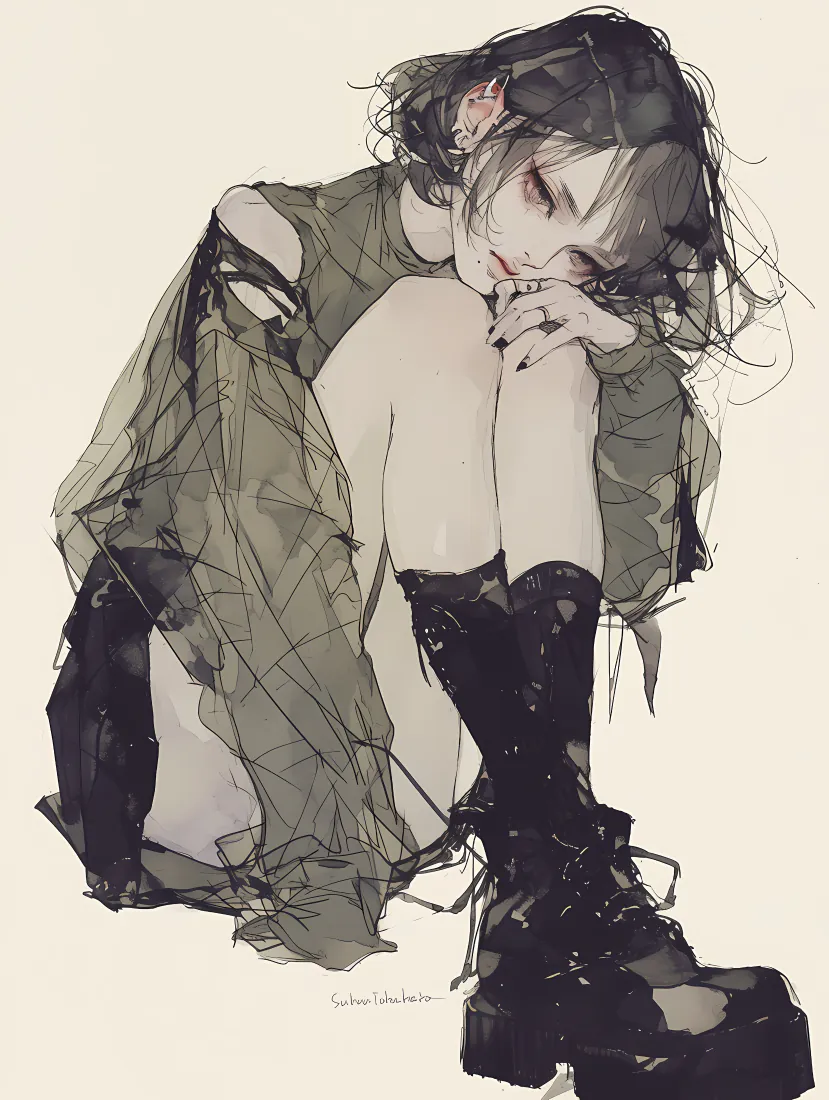 抱膝丧系短发少女手机壁纸｜异类漫画风背景图片 - 网纱厚底长靴「哲风壁纸」