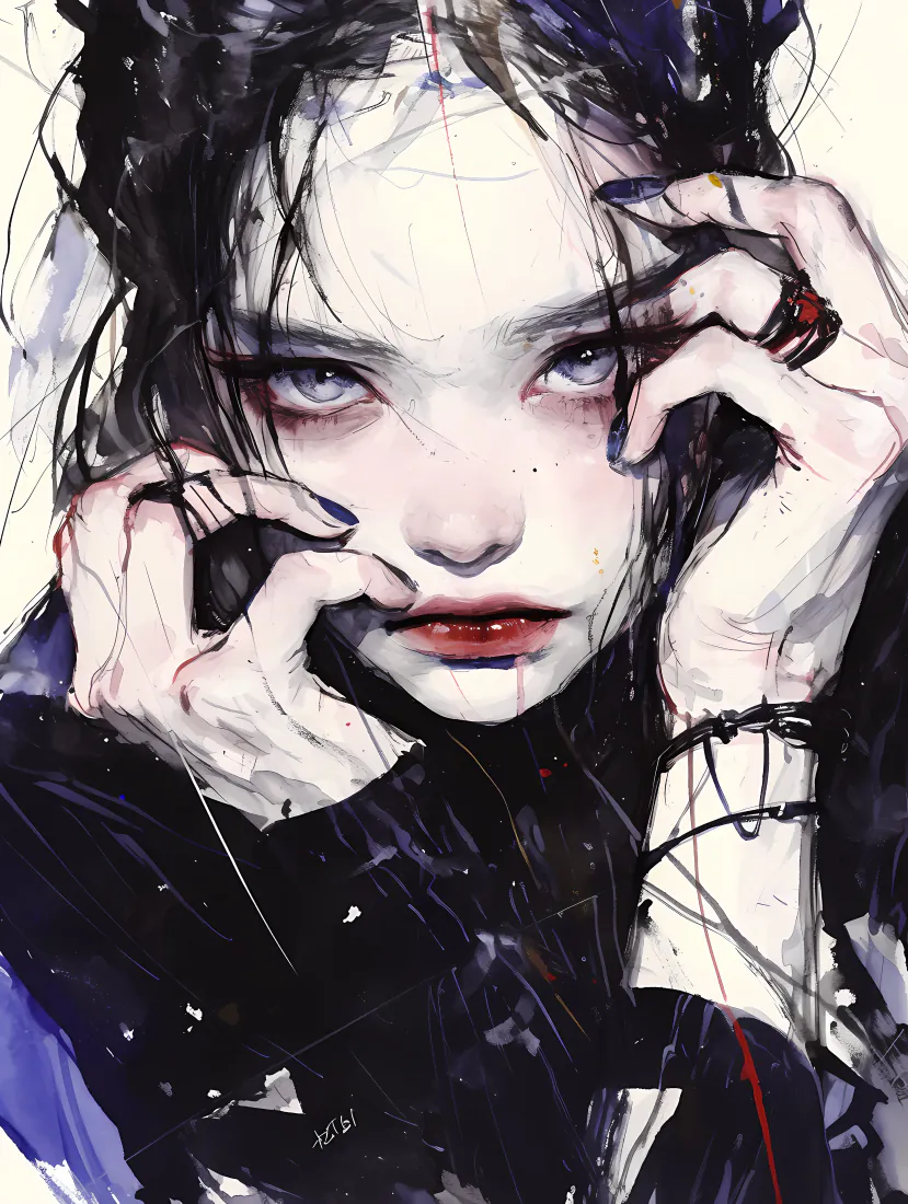 暗黑哥特漫画少女手机壁纸｜手绘水彩质感背景图片 - 阴郁冷感少女「哲风壁纸」