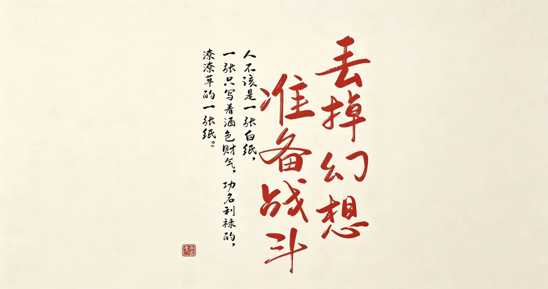 3k丢掉幻想准备战斗壁纸｜米白宣纸背景图片 - 红色毛笔书法「哲风壁纸」