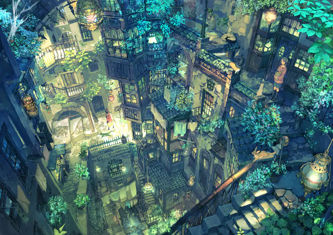 3k绿植环绕的静谧老城街巷壁纸|暖灯夜景背景图片 - 俯视角插画「哲风壁纸」 3k绿植环绕的静谧老城街巷壁纸|暖灯夜景背景图片 - 俯视角插画「哲风壁纸」