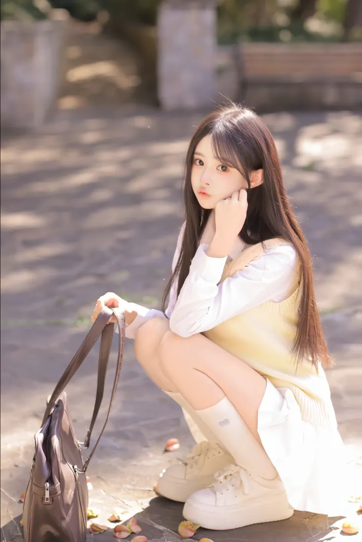 暖光户外蹲姿长发少女手机壁纸｜秋日步道背景图片 - 清新人像「哲风壁纸」