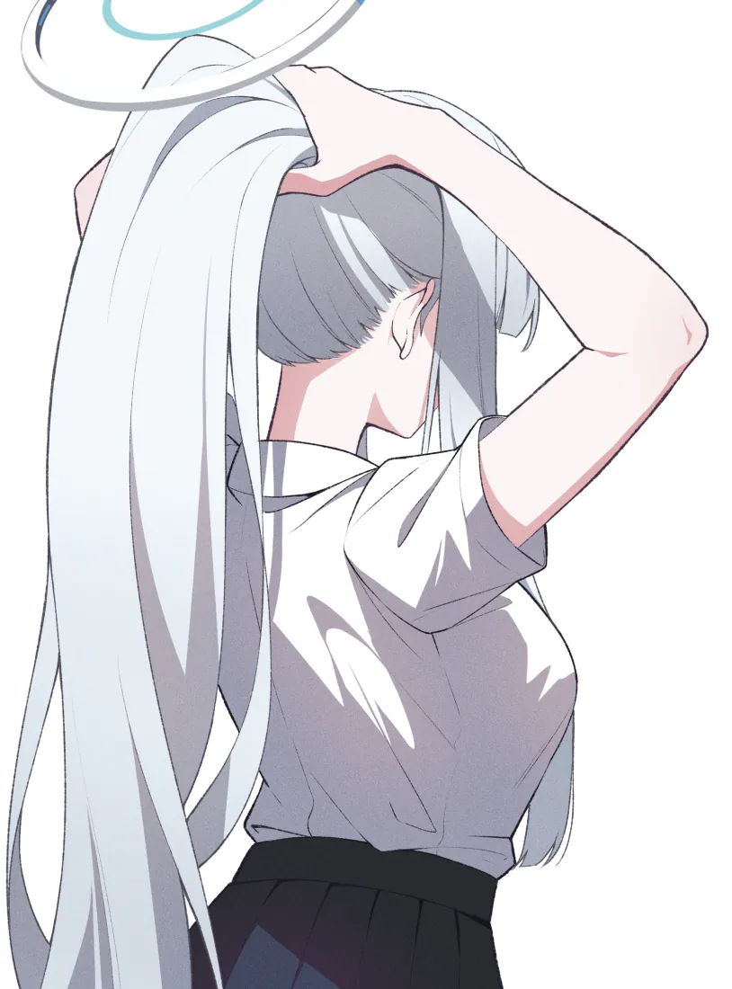 白发长发动漫少女手机壁纸|白衬衫光环二次元背景图片 - 背对抬手「哲风壁纸」 白发长发动漫少女手机壁纸|白衬衫光环二次元背景图片 - 背对抬手「哲风壁纸」