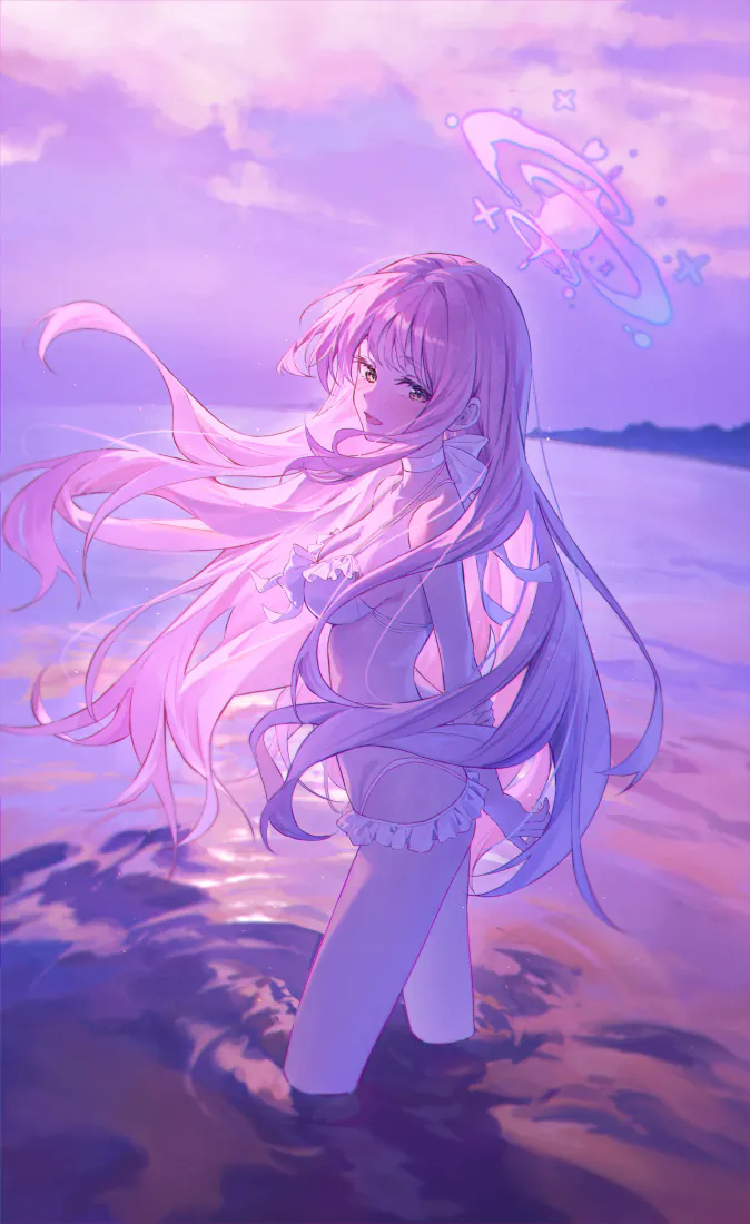 紫粉长发少女手机壁纸｜海边梦幻背景图片 - 紫调天空「哲风壁纸」