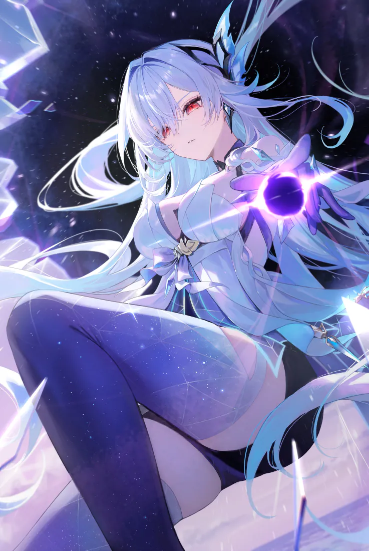 二次元白发蓝挑染美少女手机壁纸｜紫调星空暗背景图片 - 冰系特效「哲风壁纸」