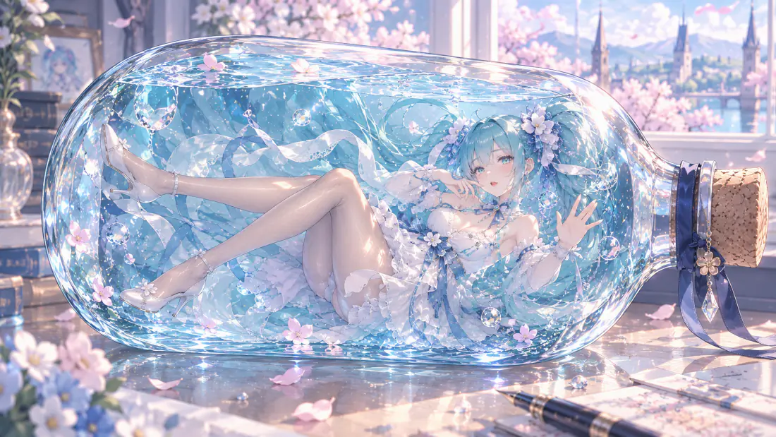 7k瓶中蓝发美少女壁纸｜樱花窗边背景图片 - 玻璃漂流瓶插画「哲风壁纸」