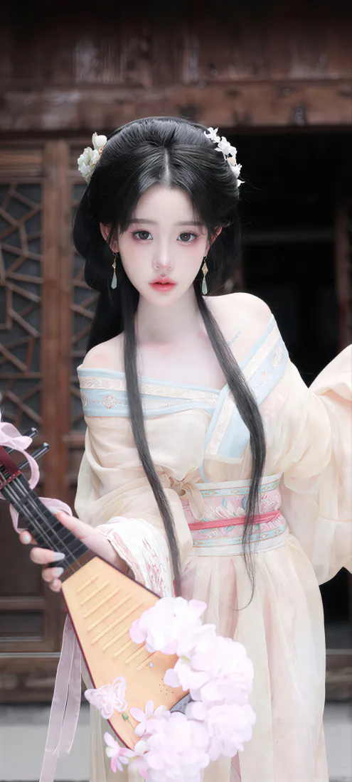 持琵琶浅衣汉服少女手机壁纸｜古建庭院背景图片 - 温婉古典国风「哲风壁纸」