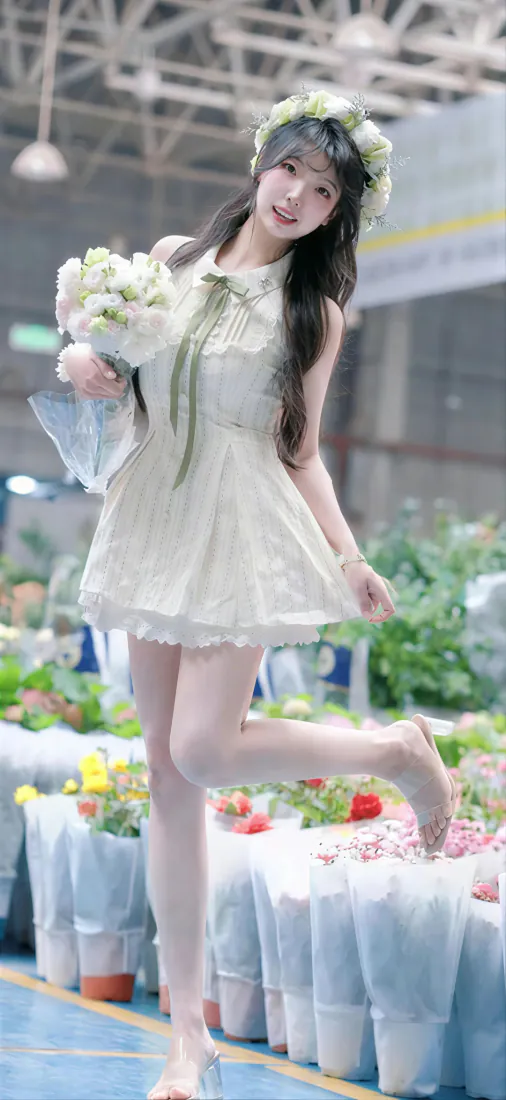 花环少女手机壁纸｜手持白玫瑰花束背景图片 - 浅绿连衣裙甜美写真「哲风壁纸」
