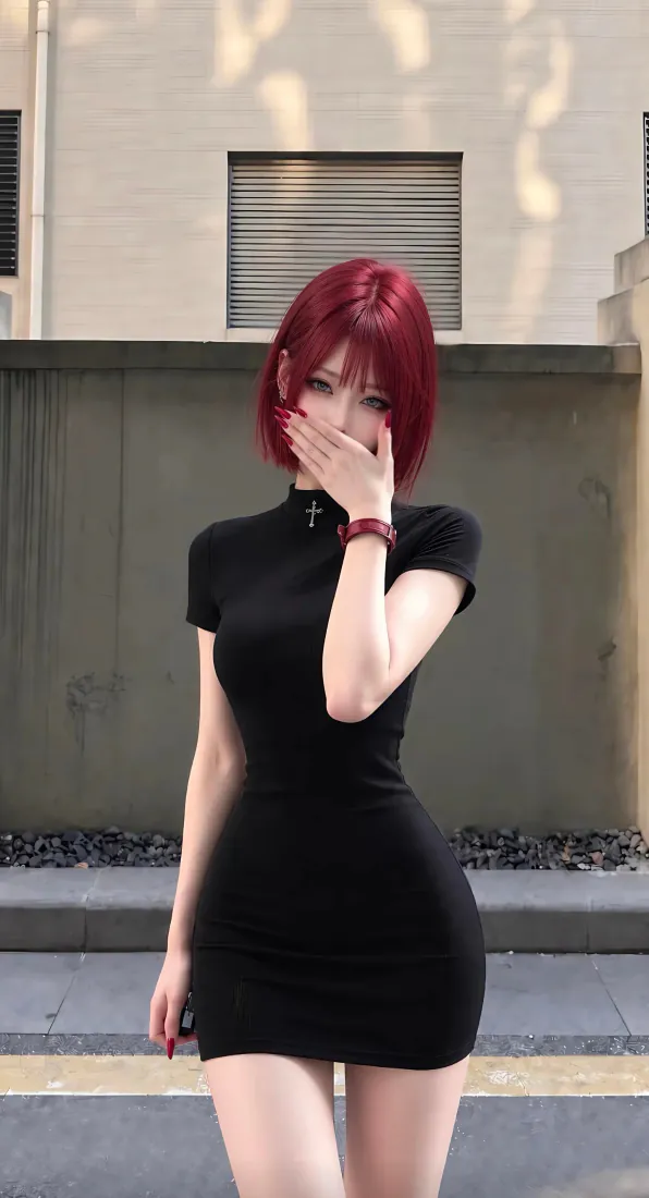 红发黑裙3D美女手机壁纸｜户外街景背景图片 - 捂嘴娇羞人像「哲风壁纸」