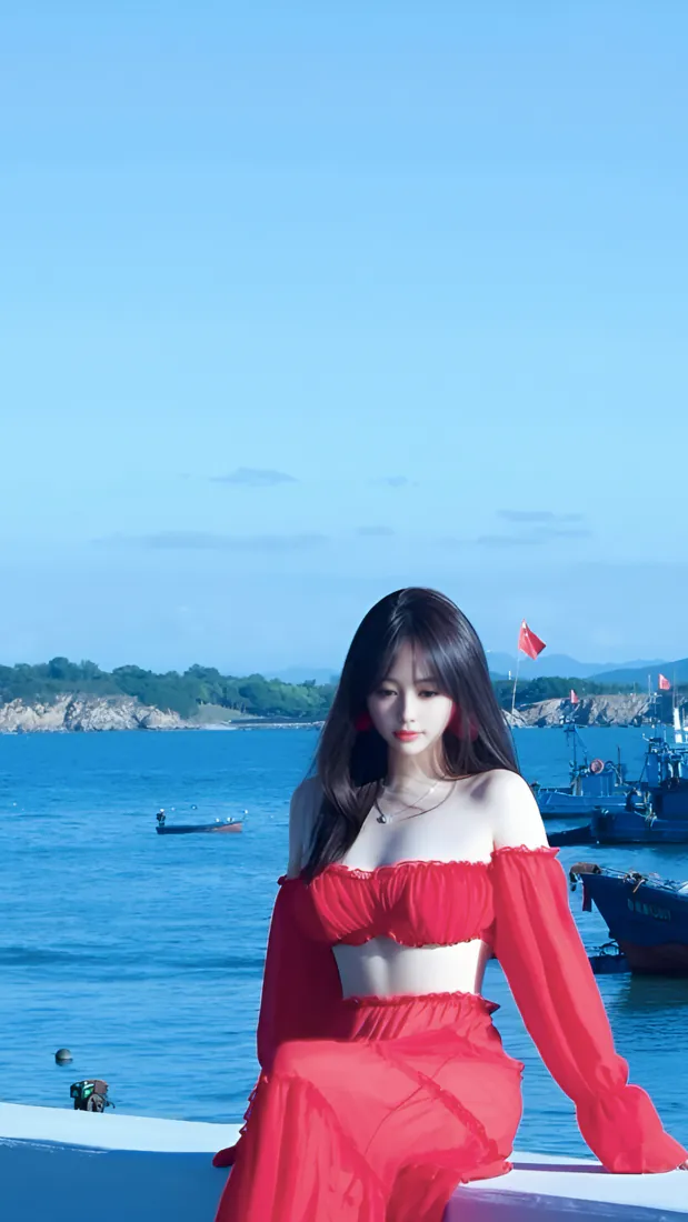 红衣露腰长发美女手机壁纸｜碧海蓝天渔港背景图片 - 海边写真「哲风壁纸」