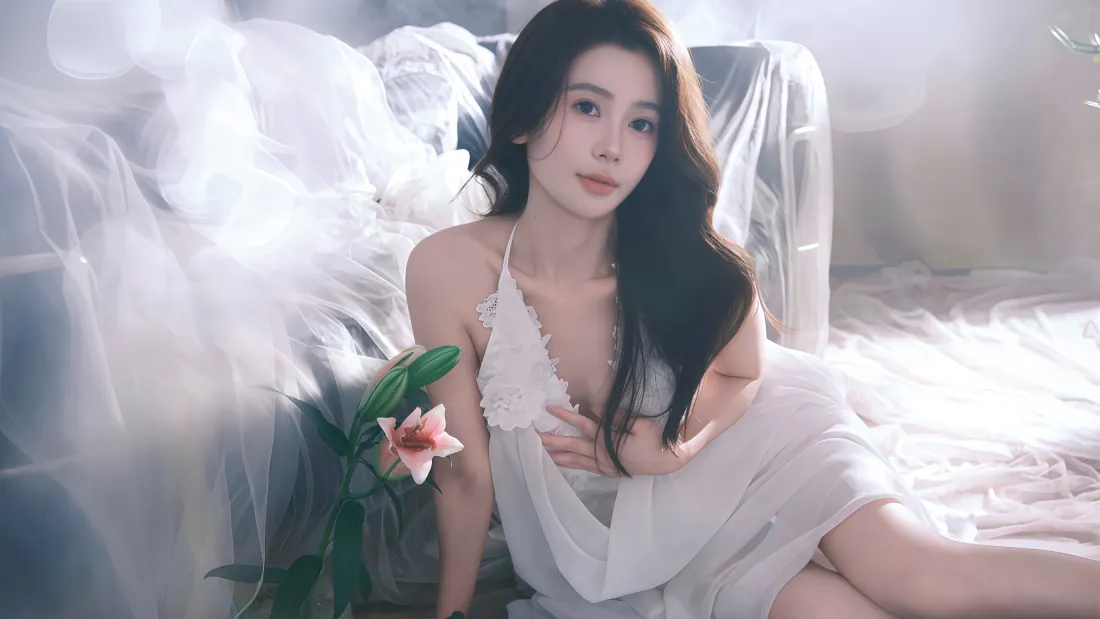 3k白衣长卷发美女壁纸｜柔光白纱背景图片 - 百合氛围感人像写真「哲风壁纸」