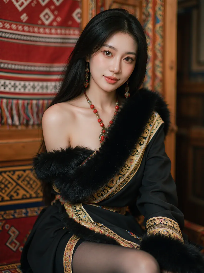 藏族服饰美女手机壁纸｜黑丝露肩民族风背景图片 - 复古写真「哲风壁纸」
