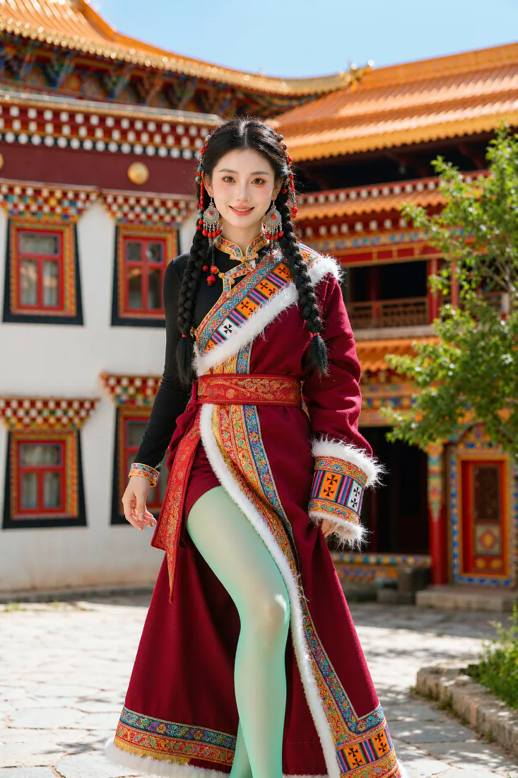 藏族少女手机壁纸｜藏式建筑前的民族服饰写真背景图片 - 清新民族风「哲风壁纸」