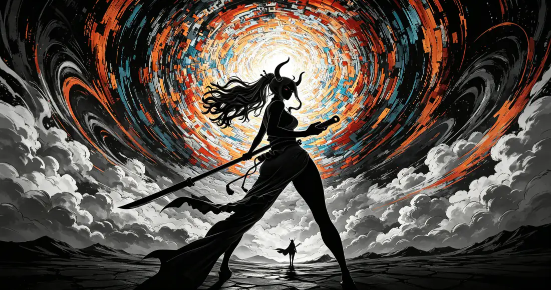 3k持剑女武士壁纸｜漩涡云海剪影背景图片 - 暗黑酷炫「哲风壁纸」