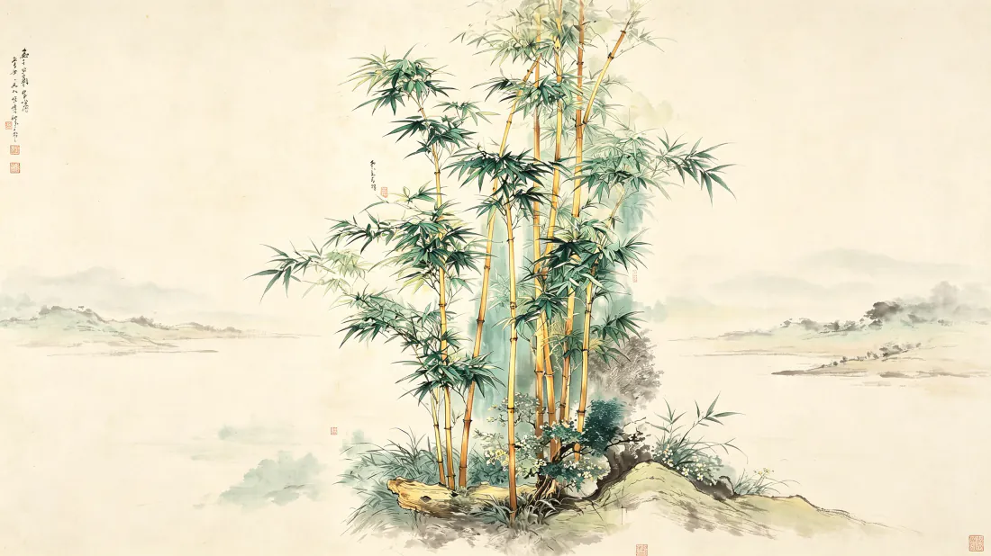 3k水墨竹韵壁纸｜青竹淡墨远山背景图片 - 清雅国风意境「哲风壁纸」