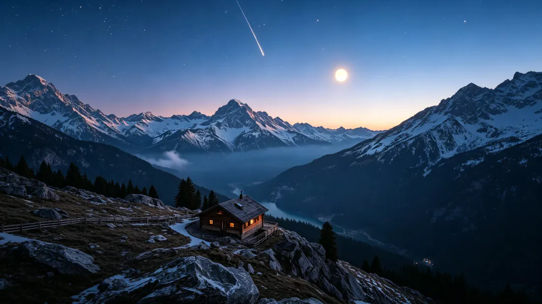 3k雪山月夜壁纸｜流星山谷木屋背景图片 - 静谧浪漫「哲风壁纸」