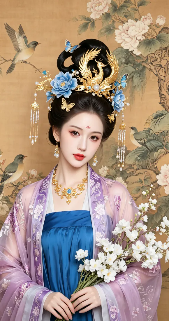 古风汉服美女手机壁纸|唐风仕女持花背景图片|工笔花鸟雅致国风「哲风壁纸」 古风汉服美女手机壁纸|唐风仕女持花背景图片|工笔花鸟雅致国风「哲风壁纸」