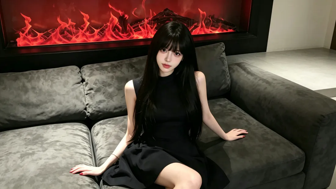 3k黑裙少女壁纸｜沙发火焰壁炉背景图片 - 暗黑居家氛围「哲风壁纸」