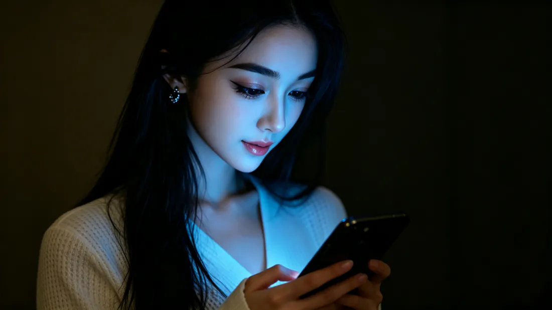3k暗调美女壁纸｜深夜看手机的长发女生背景图片 - 静谧氛围感「哲风壁纸」